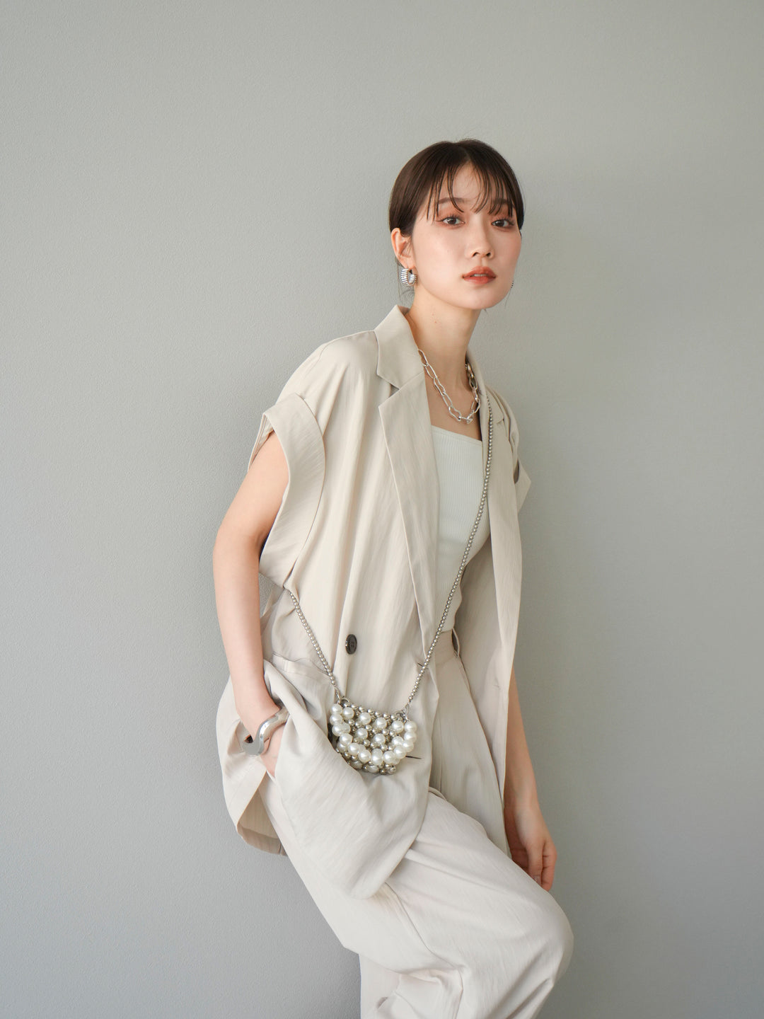 [套裝] 亞麻風格無袖雙背心 + 雙肩帶剪裁羅紋胸罩吊帶背心（2 件套）