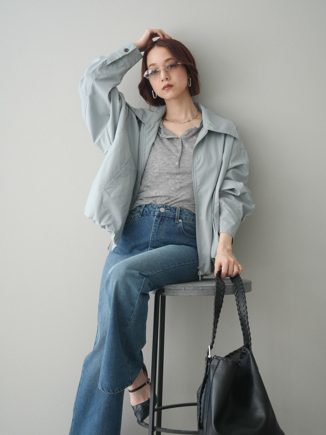 [予約]ウォッシャブルフェイクレザーバルーンジャケット/blue