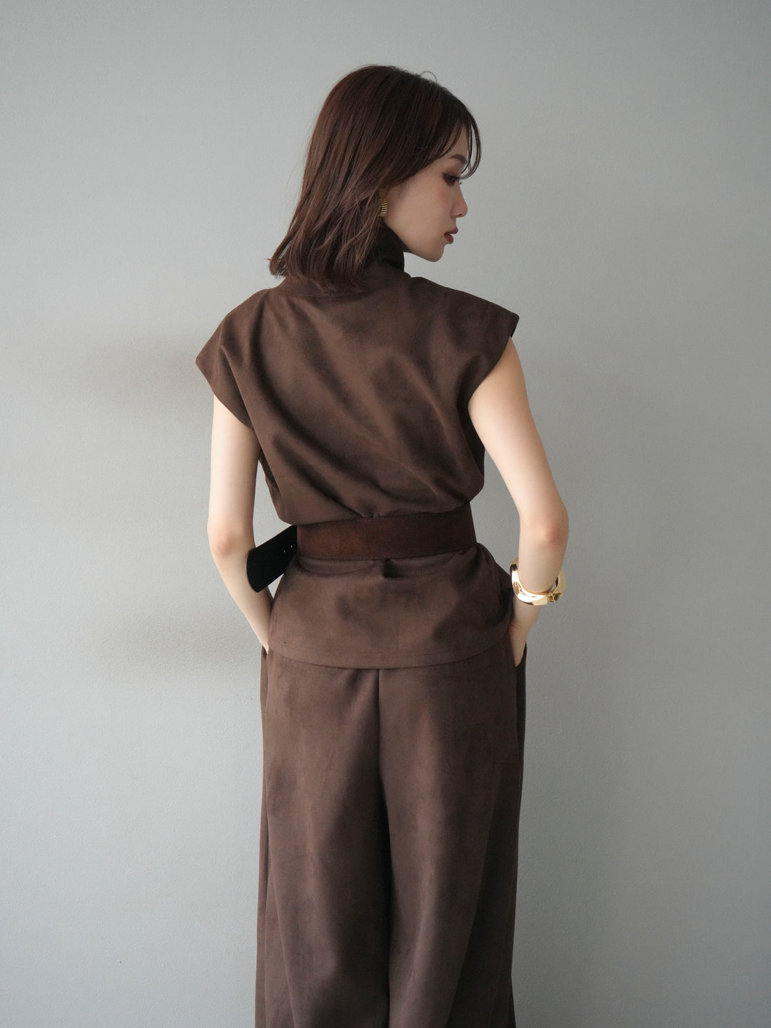 [SET]ベルト付スエードハイネックプルオーバー＆ワイドパンツSET UP