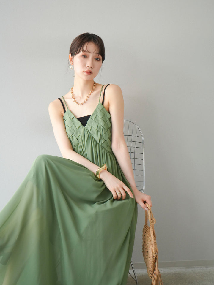 [SET]編み込みデザインシフォンワンピース+カップ付テレコリブベアキャミソール(2set)