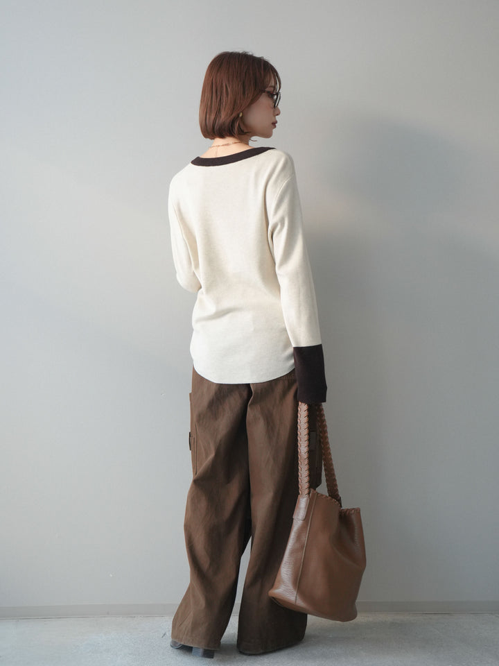 [SET]ヘンリーネック配色ニットソー+コットンタックループパンツ(2set)