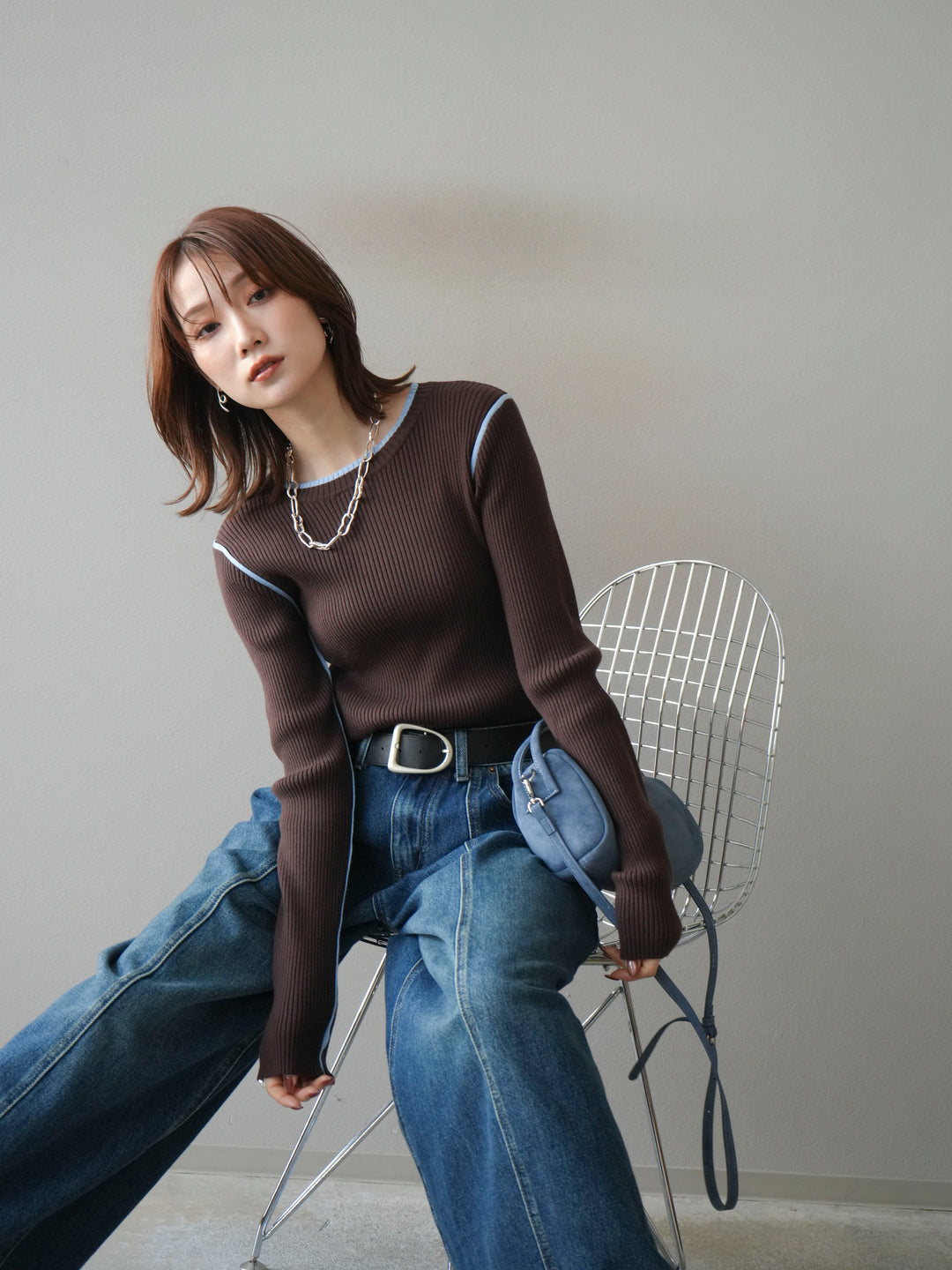 [予約]バイカラークルーネックリブニットトップス/brown