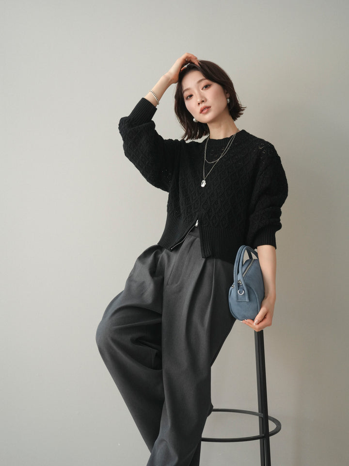 [予約]透かし編みフロントジップスリットニットプルオーバー/black