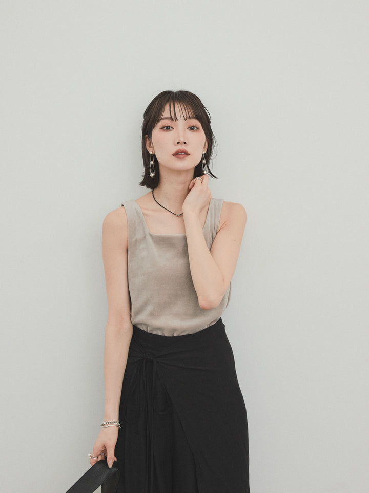 [SET]スクエアベロアタンクトップ+ワッシャーサテンレイヤードスカートパンツ(2set)