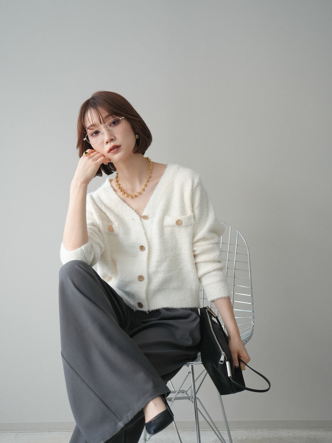 [SET]ゴールドボタンモールニットカーディガン+ベルトループデザインワイドパンツ(2set)