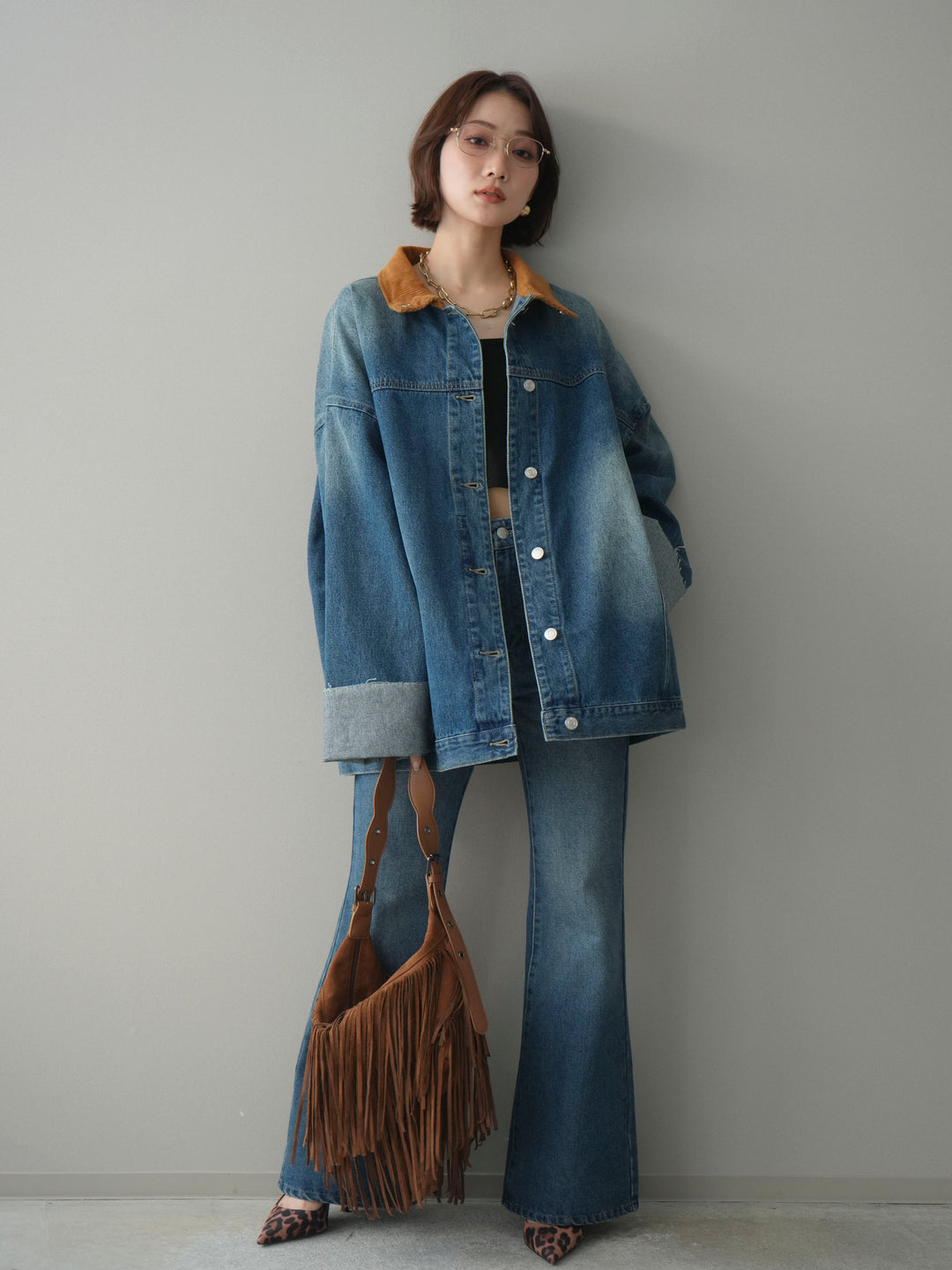 [SET]コーデュロイ×デニムミドルジャケット+フレアデニムパンツ(2set)