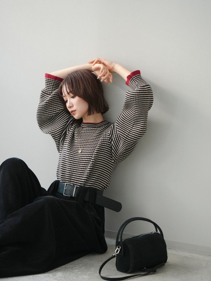 [SET]ラメ異素材ボーダーリブニットプルオーバー+ベルトデザインループコールテンワイドパンツ(ベルト付き)(2set)