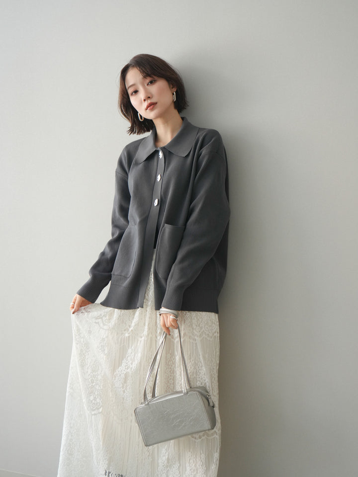 [予約]メタルボタン襟付きポリエステルニットカーディガン/charcoal