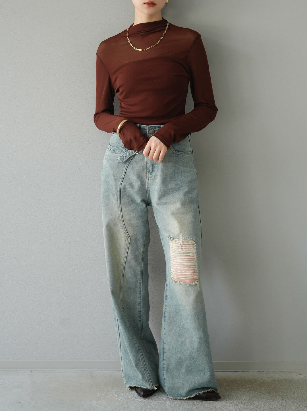 [予約]シアー切替ストレッチ長袖トップス/ブラウン