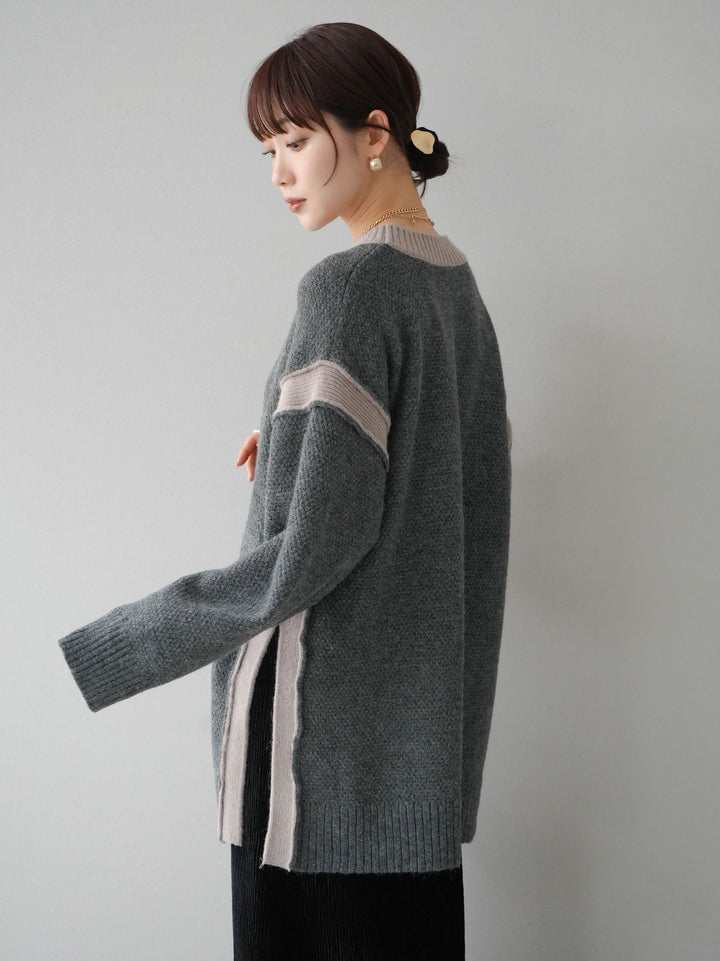 【預訂】側開衩拼色針織套頭衫/炭灰