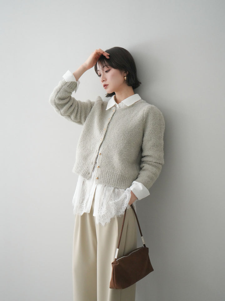 [SET]ゴールドボタンブークレニットカーディガン+総レースボリュームスリーブシャツ(2set)