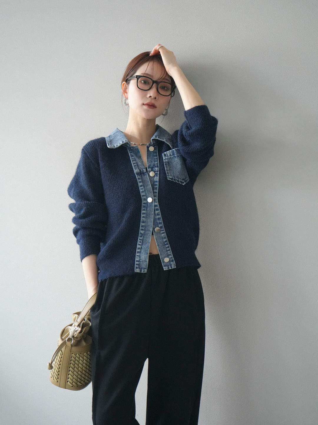 [予約]デニム襟ポケットニットカーディガン/navy