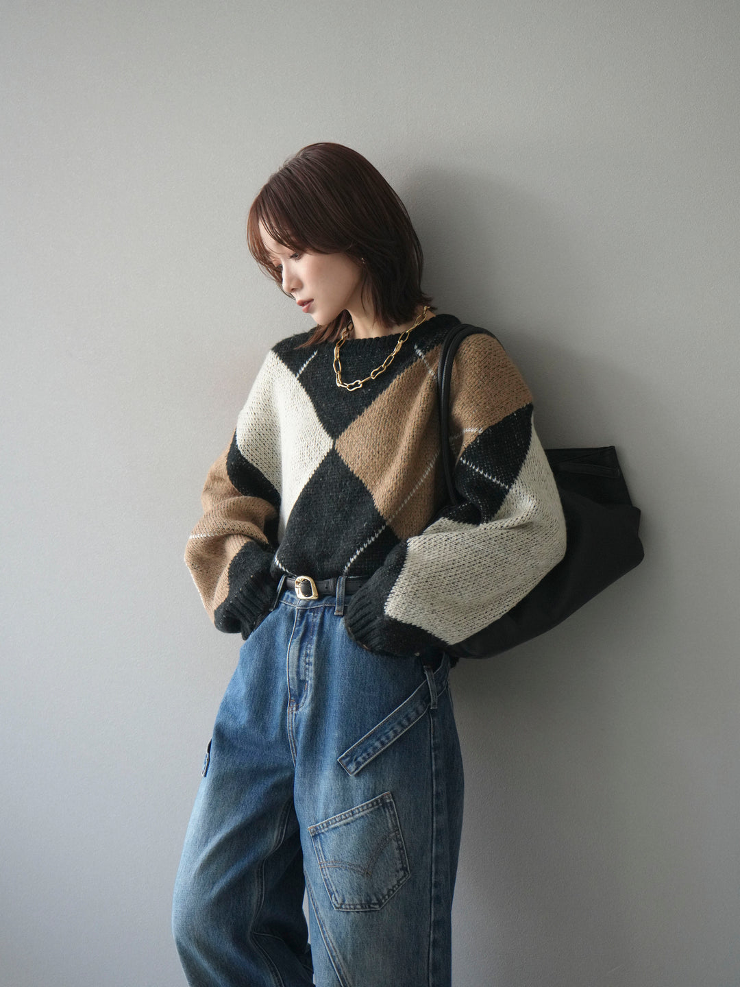 [予約]配色ステッチアーガイル柄ニットプルオーバー/black