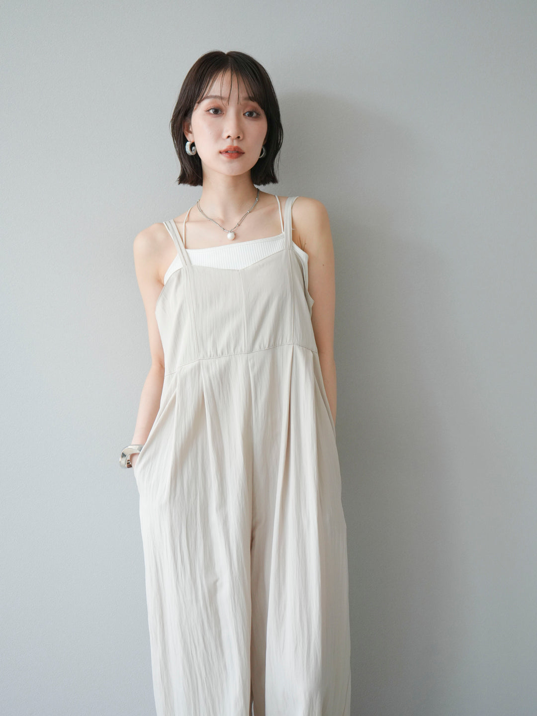 [SET]リネンライクビスチェデザインサロペット+ダブルストラップカットリブブラキャミソール(2set)