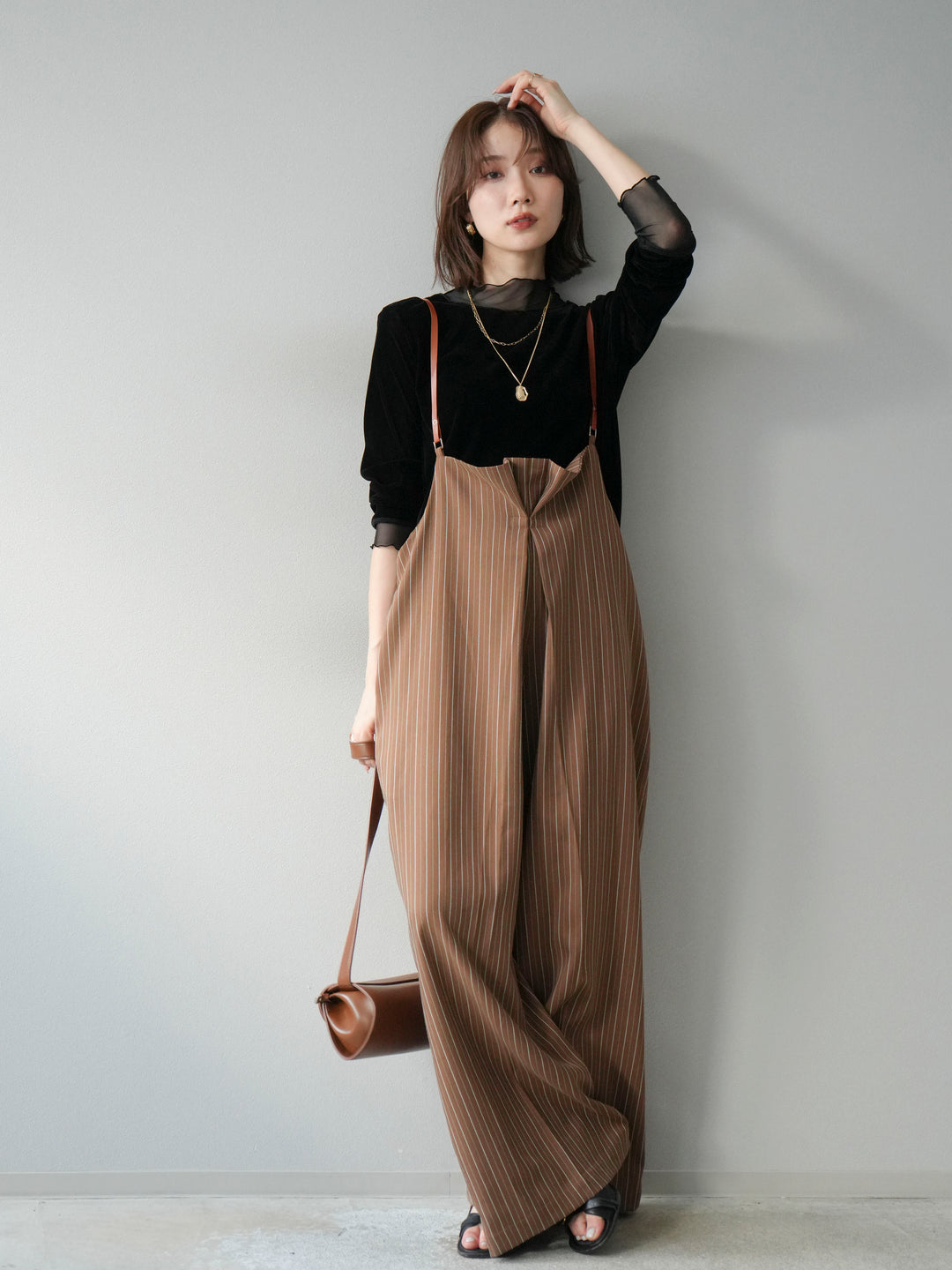 [予約]ヘリンボーンストライプサロペット/ブラウン