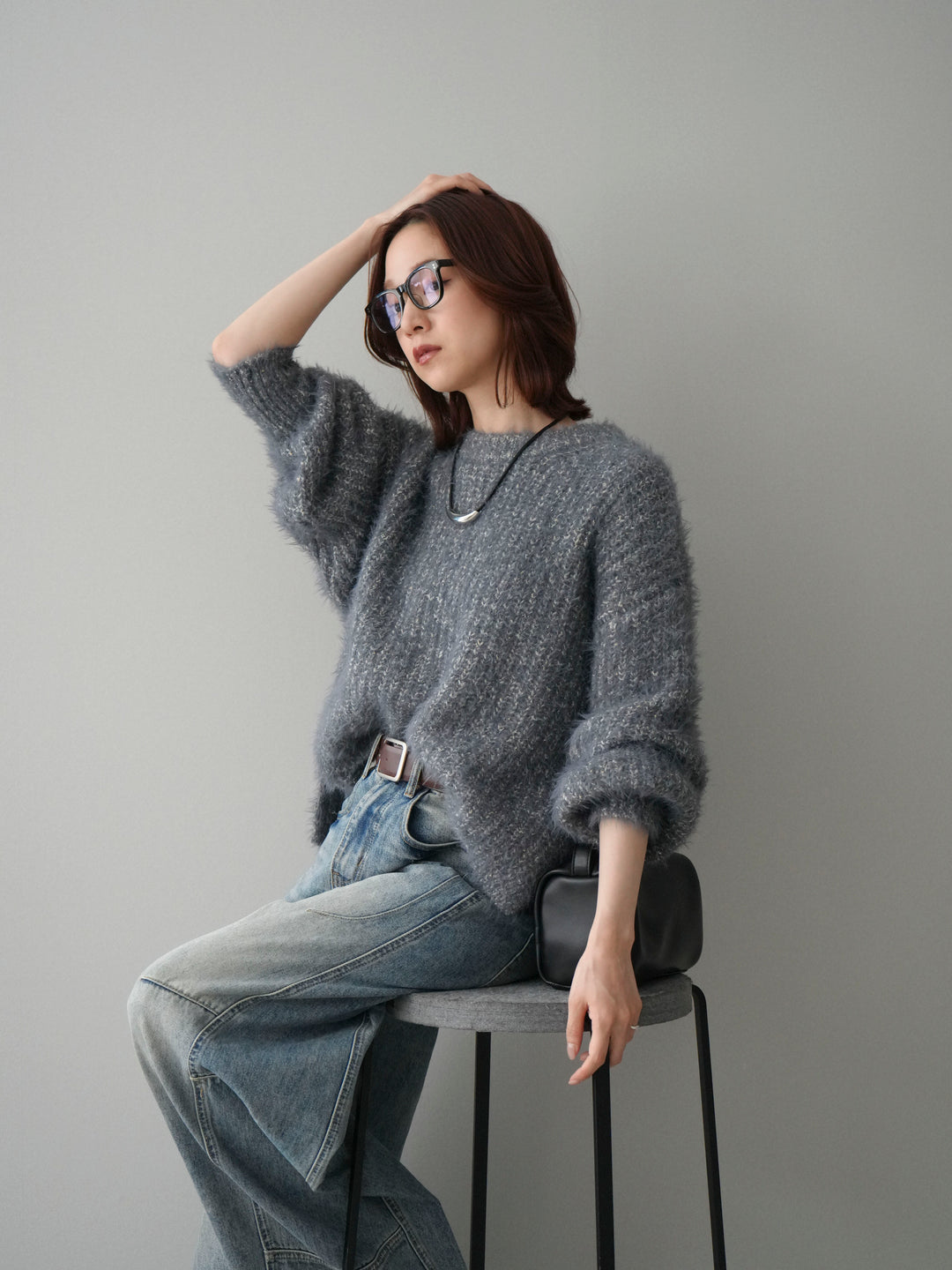 [SET]ボリュームスリーブシャギー MIXニットプルオーバー+ベルト付カーブデニムパンツ(2set)