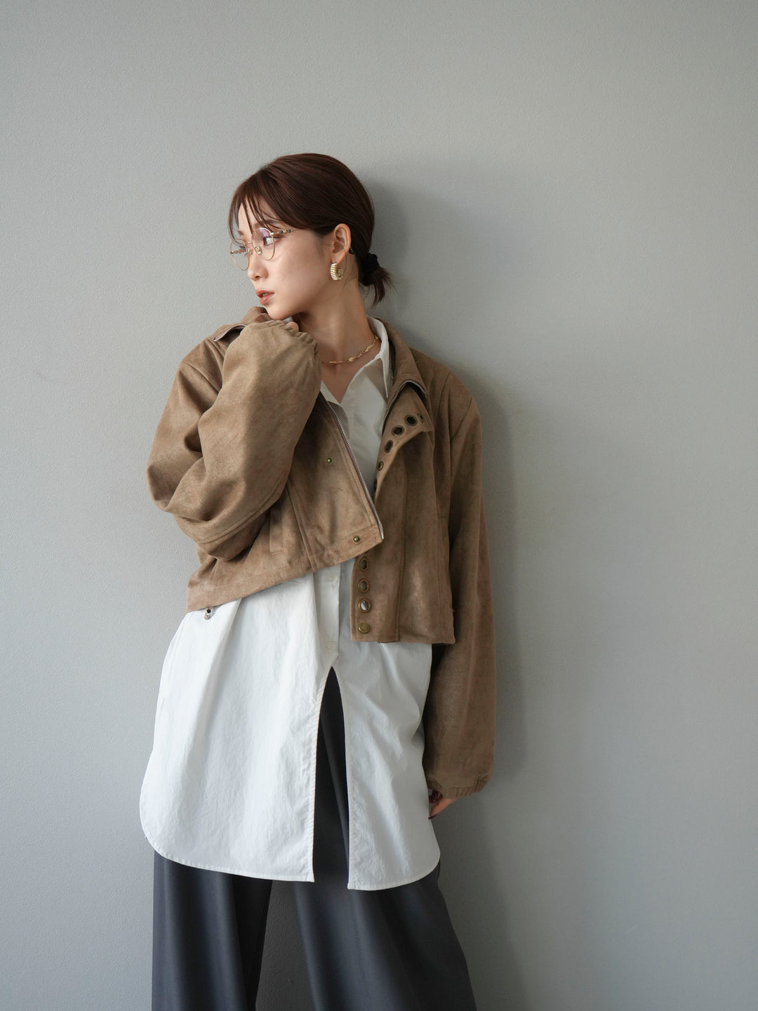 [予約]パンチングデザインスエードショートジャケット/ベージュ