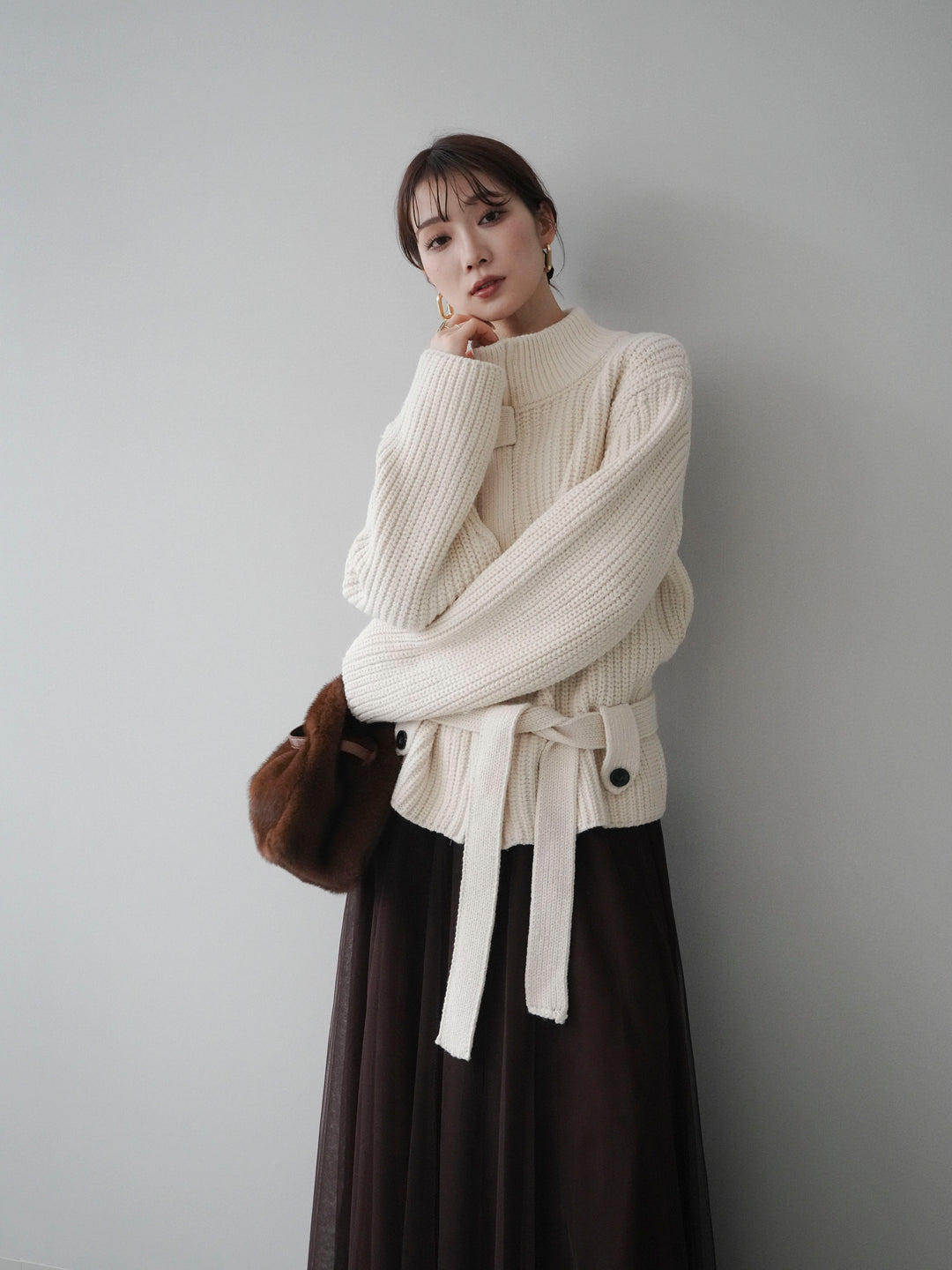 [予約]畦編みボトルネックZIPニットカーディガン/white