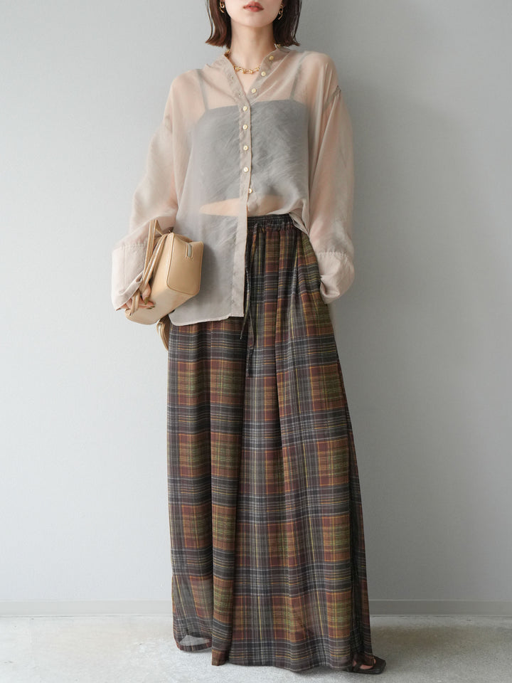 [SET] 亮面透視立領襯衫 + 透視格紋寬鬆褲 (2 件套)