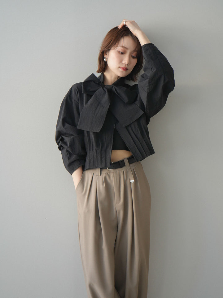 [SET]ボウタイ裾プリーツライトジャケット+ベルト付キーホルダーモチーフワイドパンツ(2set)