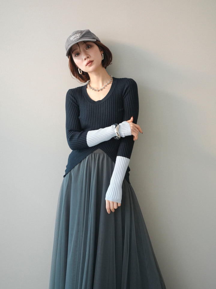 [予約]袖配色ランダムリブフロントスリットニットトップス/navy