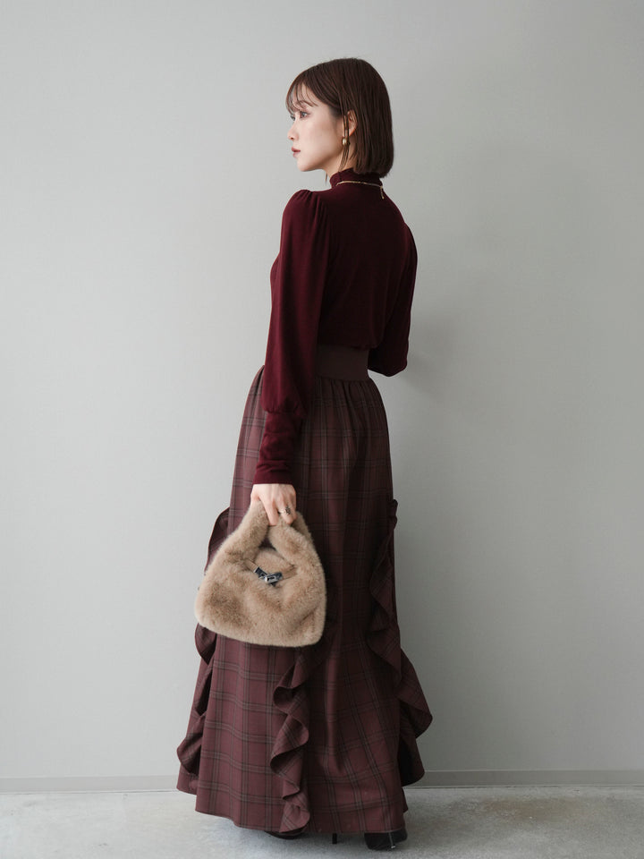 [SET]プチネックパワーショルダー起毛トップス+チェック柄フリルハイウエストマキシスカート(2set)