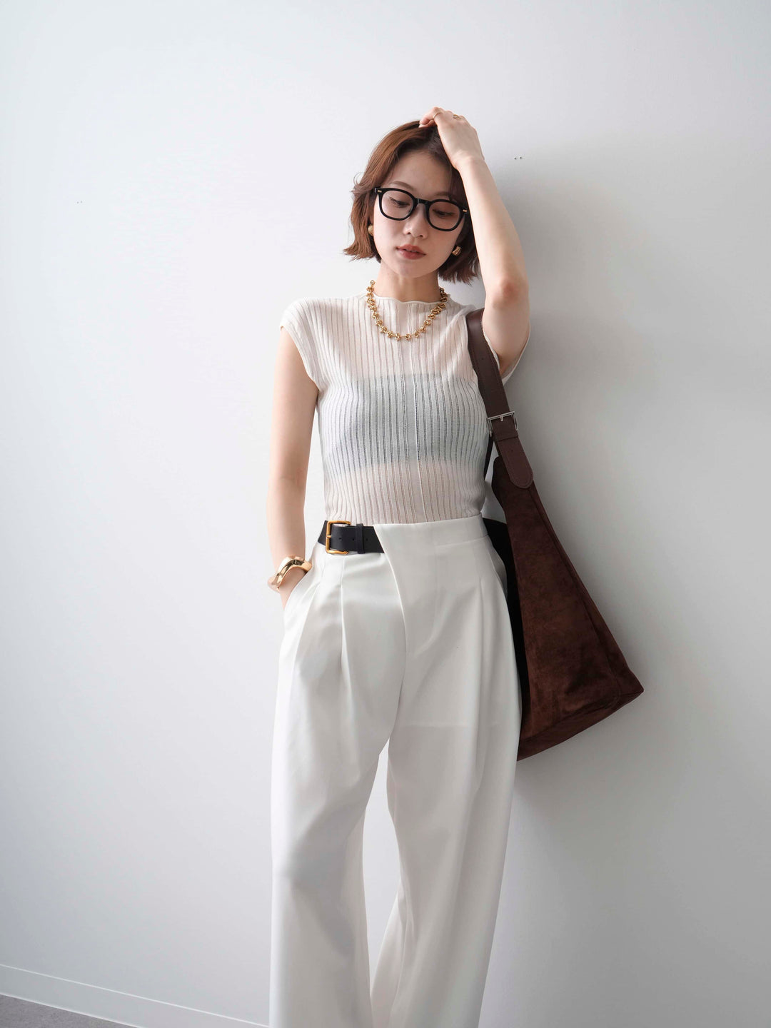 [予約]シアーリブフレンチニットトップス/white