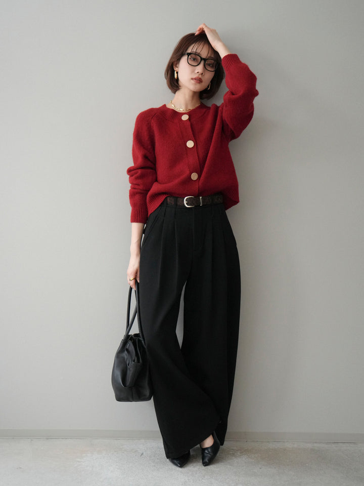[SET]BIGボタンニットカーディガン+アニマル柄ベルト付きウールタッチワイドパンツ(2set)