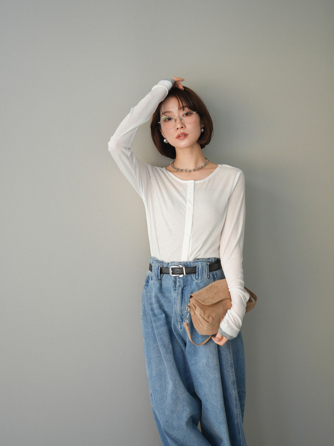 [予約]シアーリブバイカラーカーディガン/white