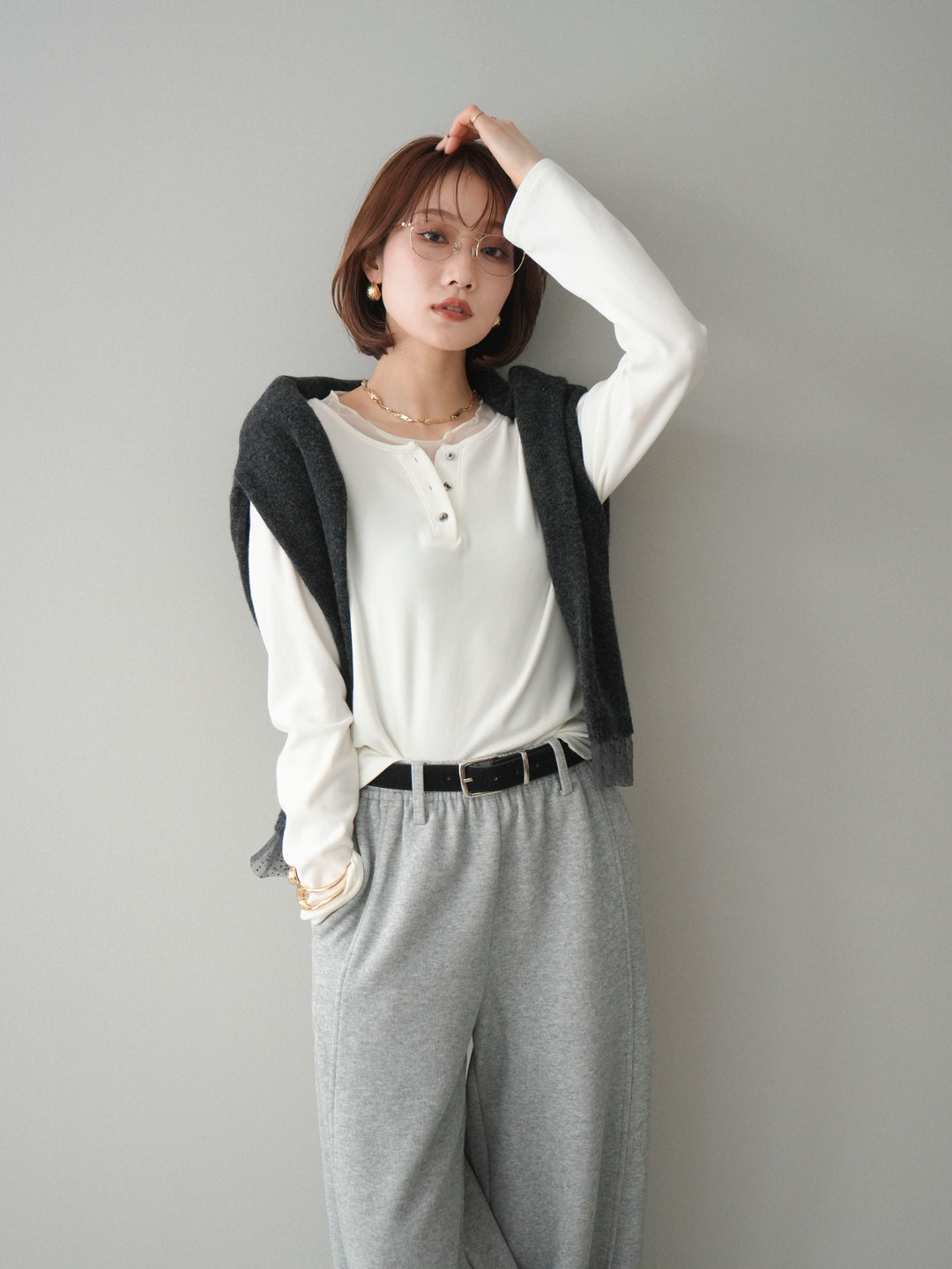 [予約]チュールレイヤードヘンリーネックカットソー/ivory