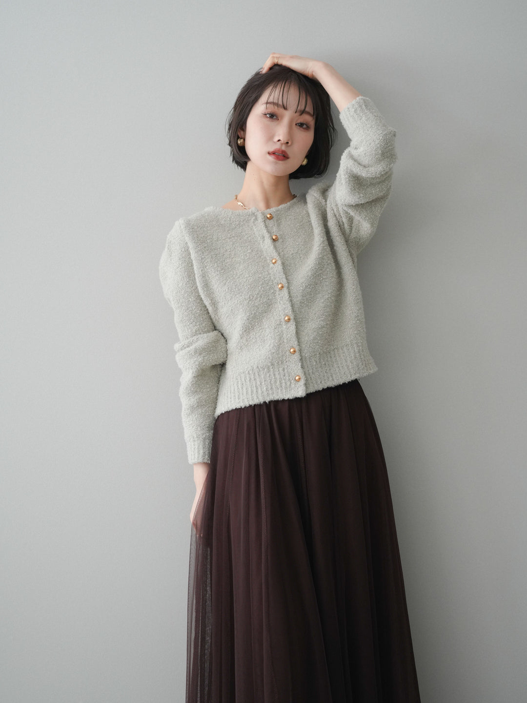 [SET]ゴールドボタンブークレニットカーディガン+チュールボリュームスカート(2set)