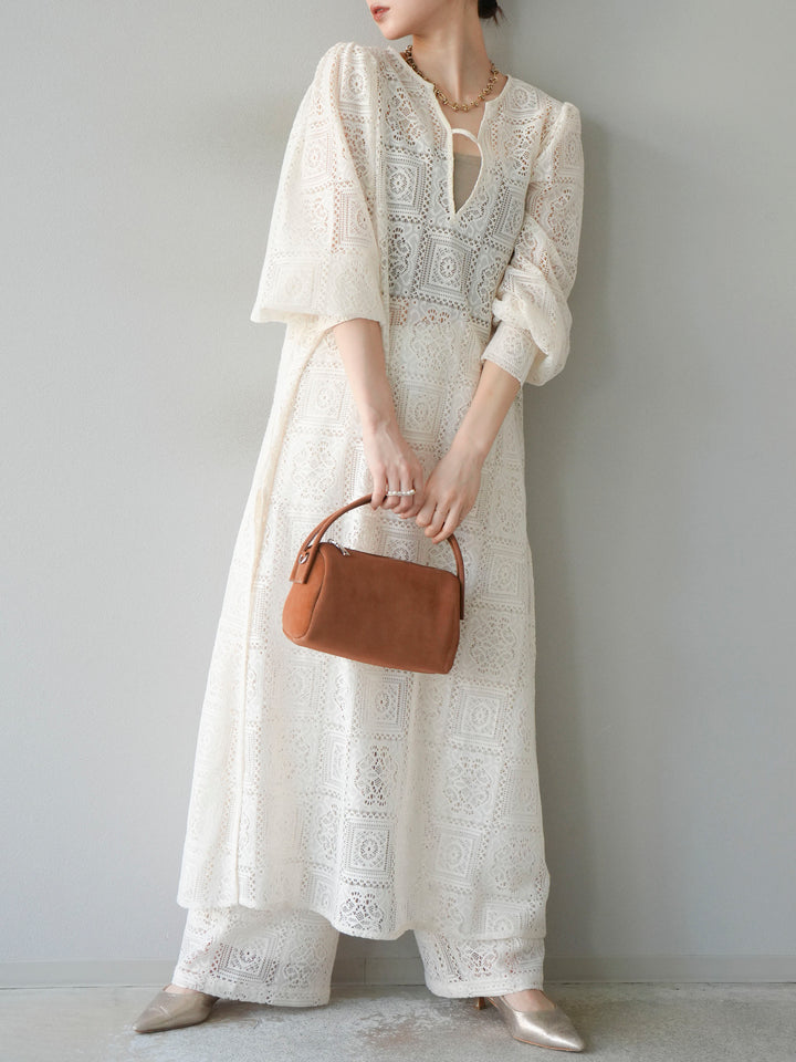 【套裝】塊蕾絲捲袖洋裝+塊蕾絲寬褲（2套）