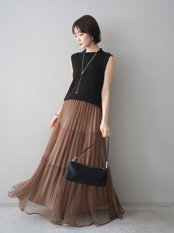 [予約]ラメプリーツレイヤードチュールロングスカート/mocha