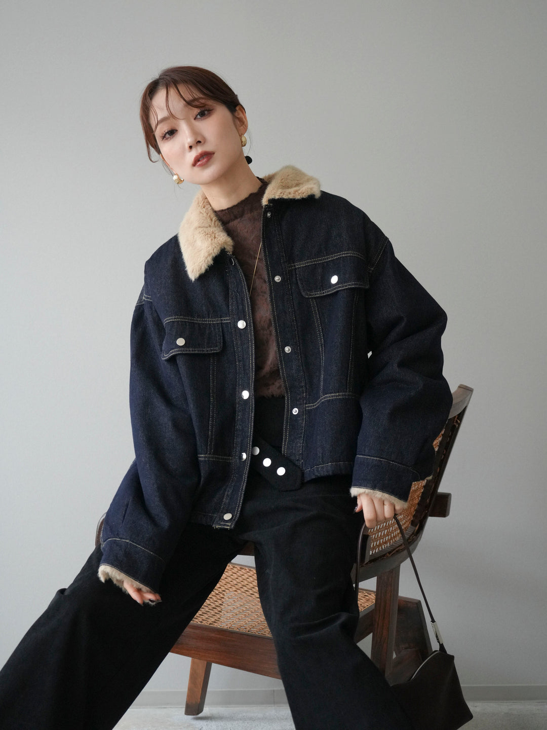 [予約]デニム×ファーステンカラーショートジャケット/indigo