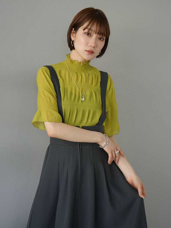 [SET] Shirring chiffon half sleeve blouse + 2WAY flare jumper skirt (2set)