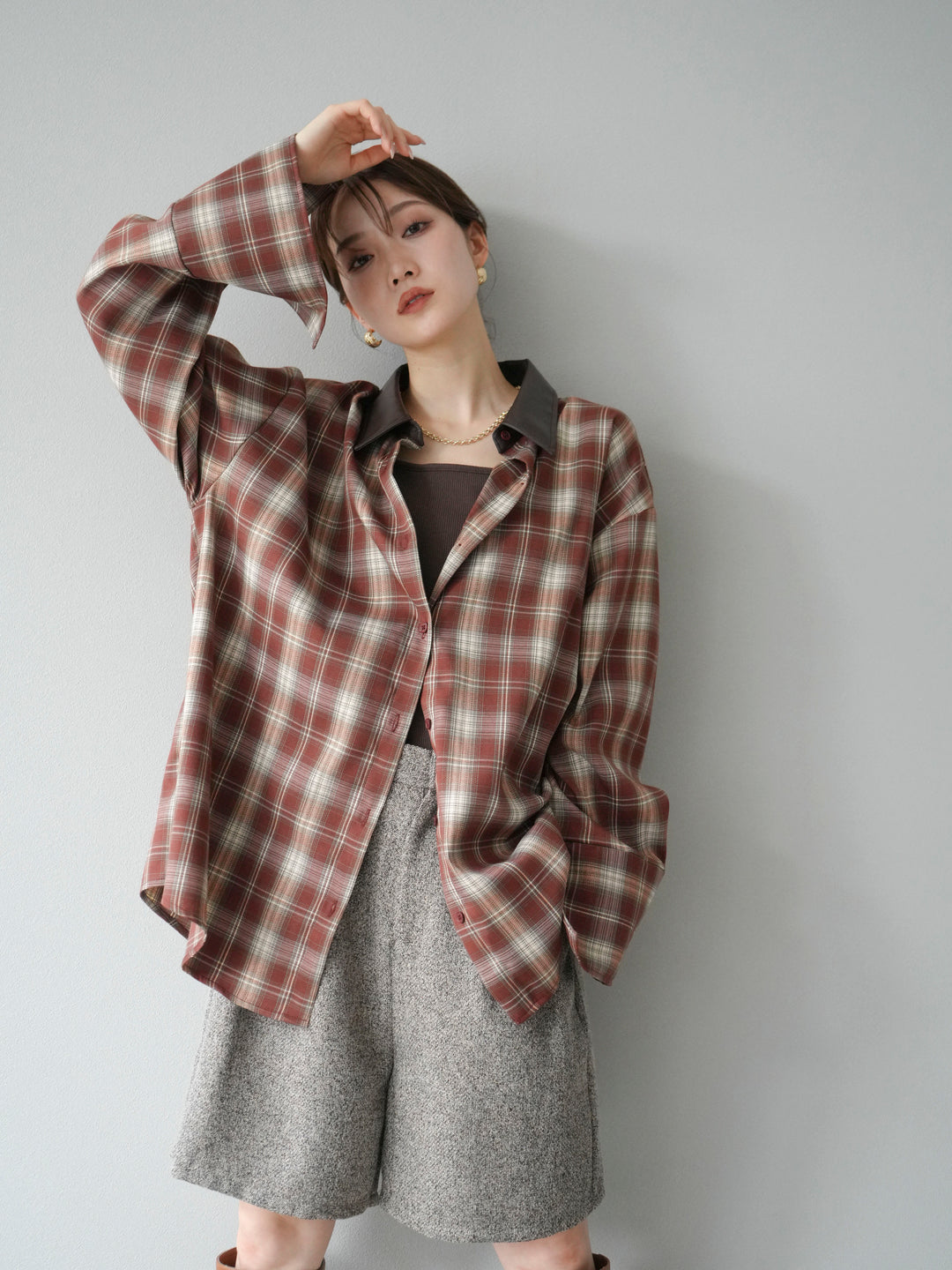 [SET]レザー襟オンブレチェックオーバーシャツ +ツイードハーフパンツ(2set)