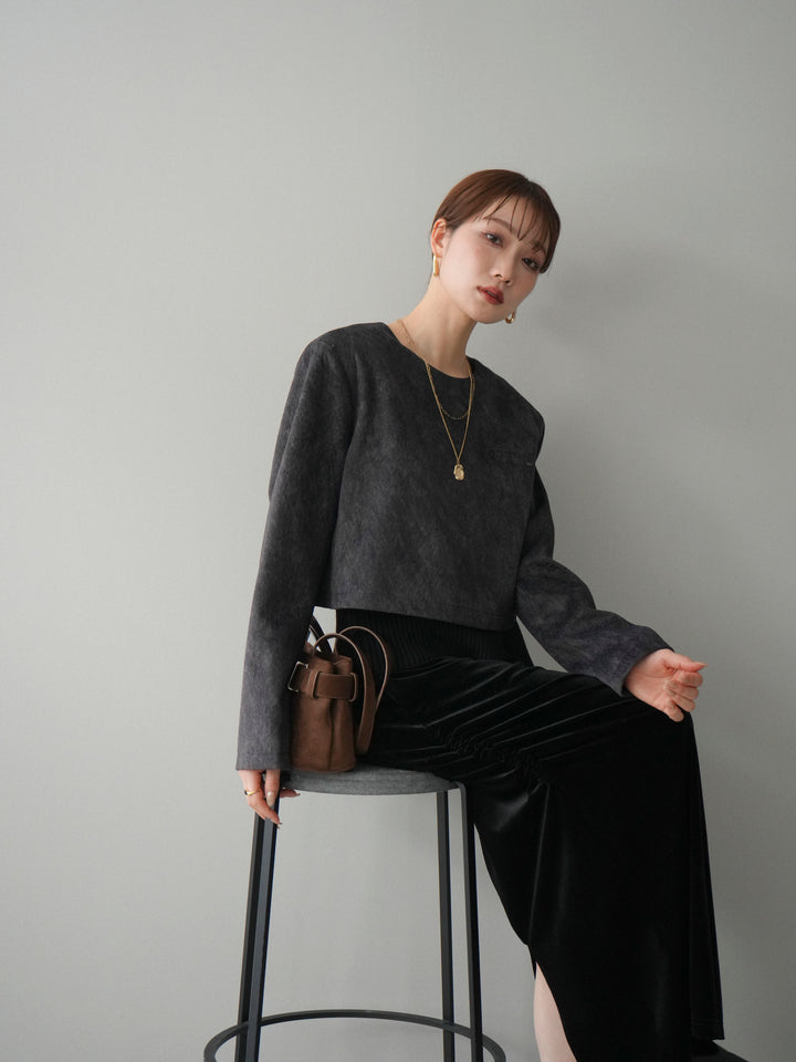 [予約]リブニットレイヤードスエードプルオーバー/charcoal