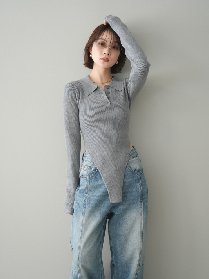 [予約]リブポロニットボディスーツ/mokugray