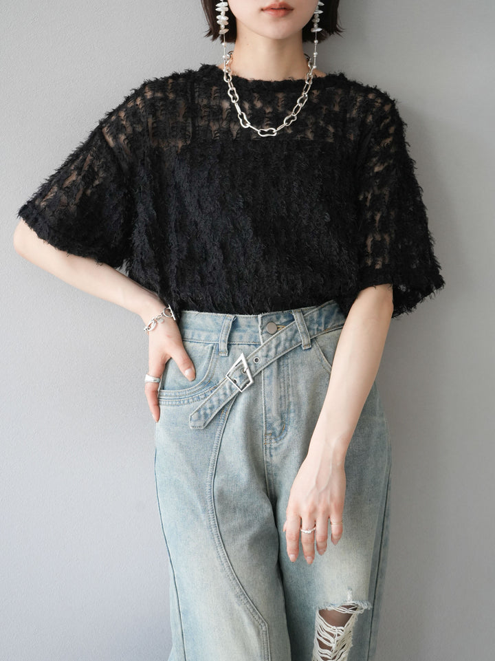 [Pre-order] Fringe Tulle 5/4 Sleeve Over Top/Black