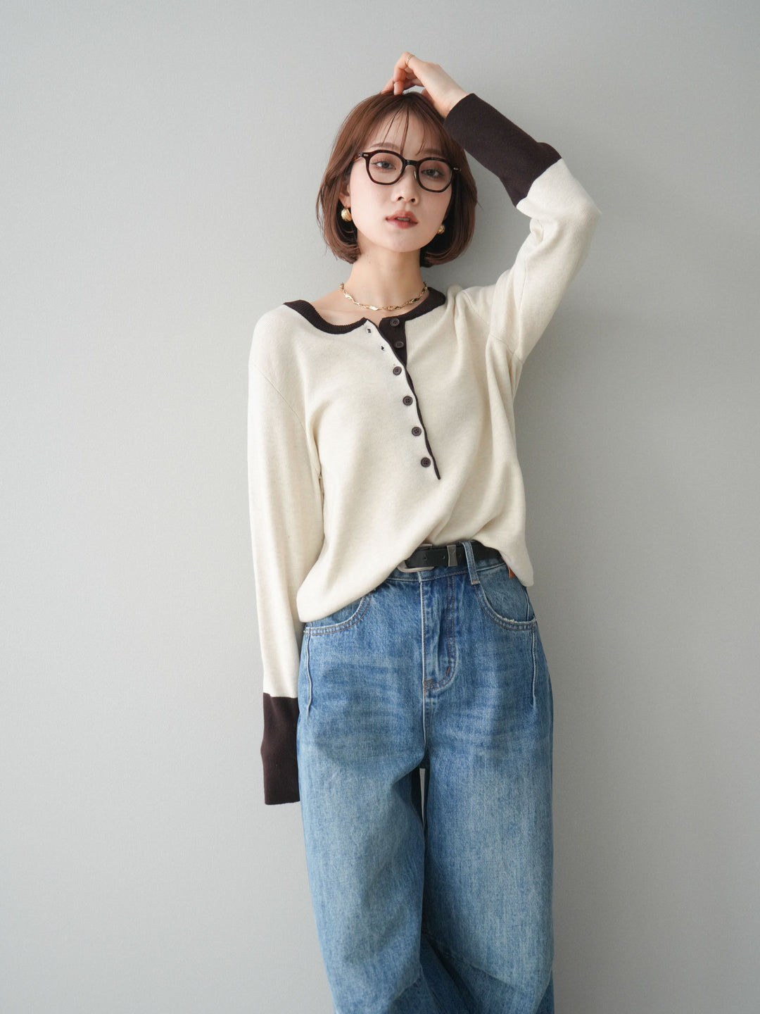 [SET]ヘンリーネック配色ニットソー+ベルト付3Dカーブワイドデニムパンツ(2set)