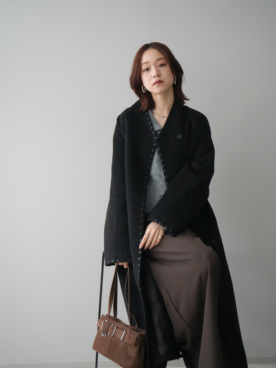 [SET]ハンドステッチ裏中綿ロングコート+テープベルトタックバギーパンツ(2set)