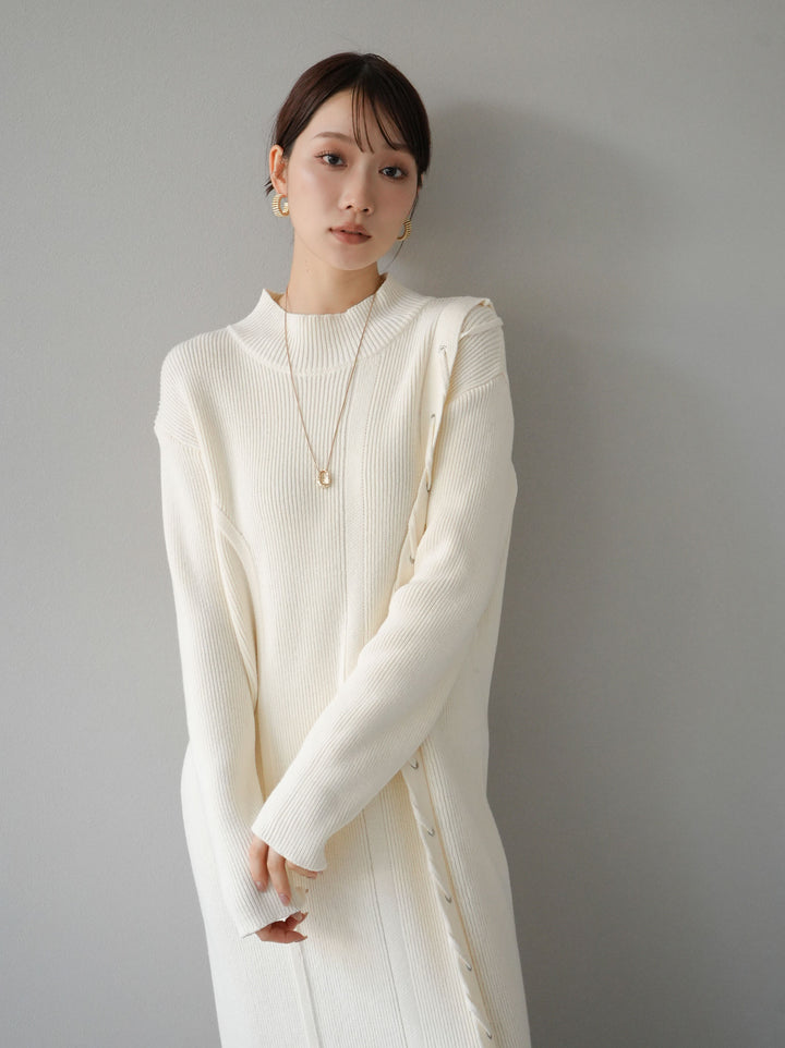 [SET] 不對稱繫帶高領針織連身裙 + 可選飾品套裝 (2套)