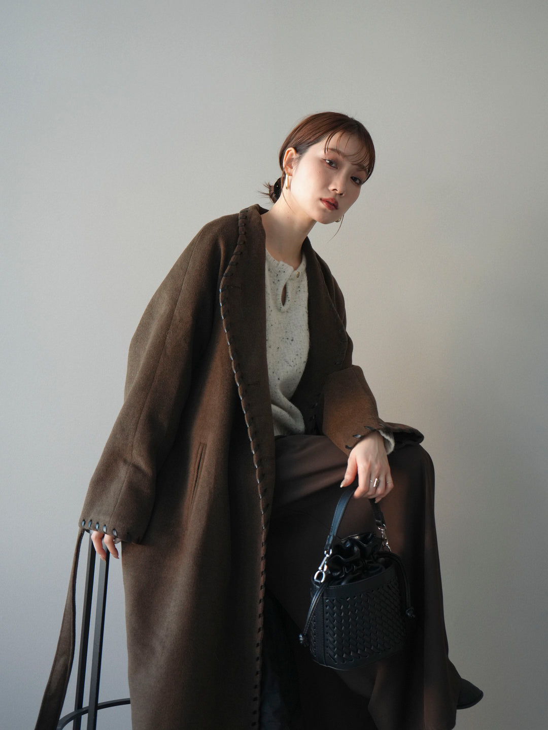 [SET]ハンドステッチ裏中綿ロングコート+テープベルトタックバギーパンツ(2set)