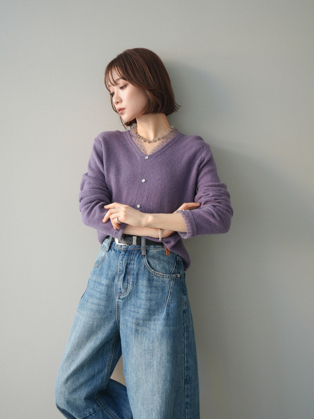 [予約]ドットチュールレイヤードボタンニットトップス/purple