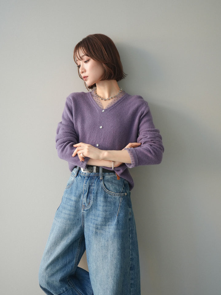 [予約]ドットチュールレイヤードボタンニットトップス/purple