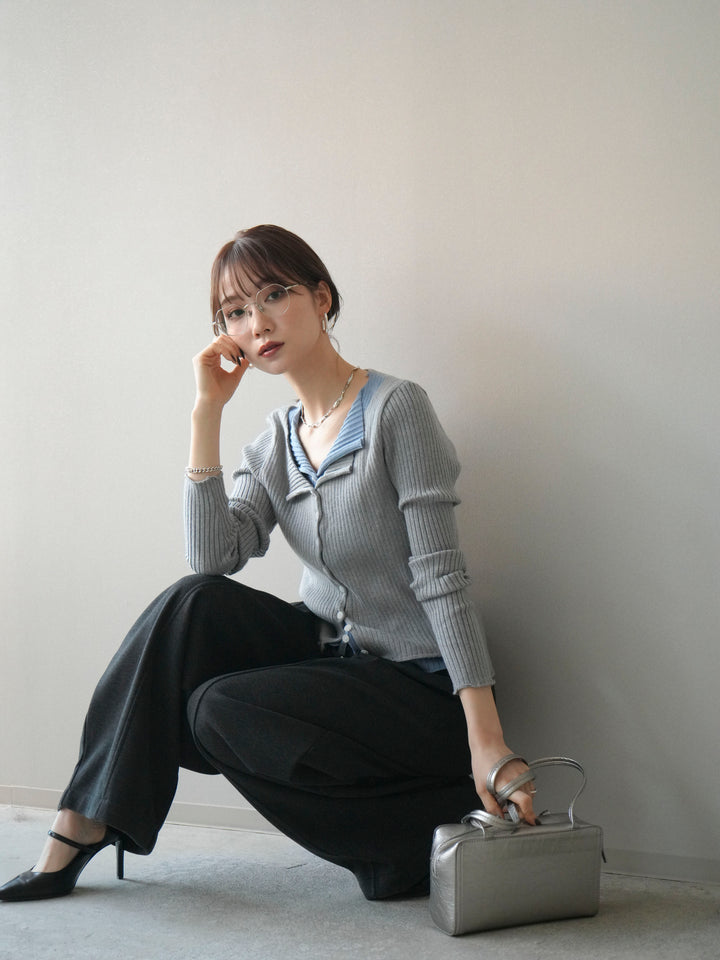 [予約]配色レイヤードリブニットカーディガン/gray