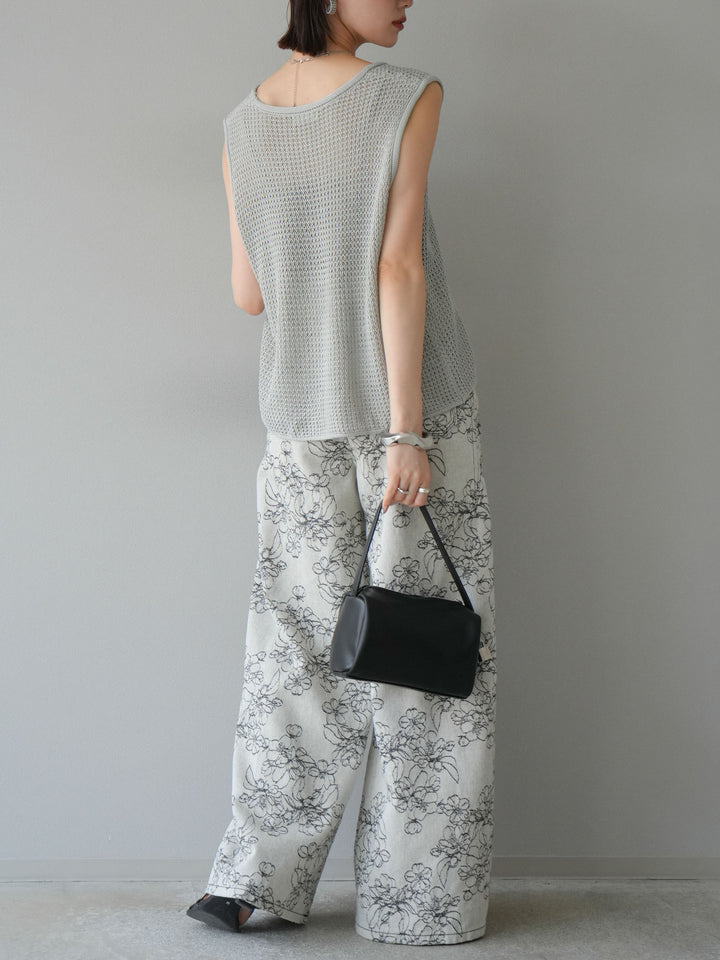 【預購】花朵提花牛仔寬褲/黑