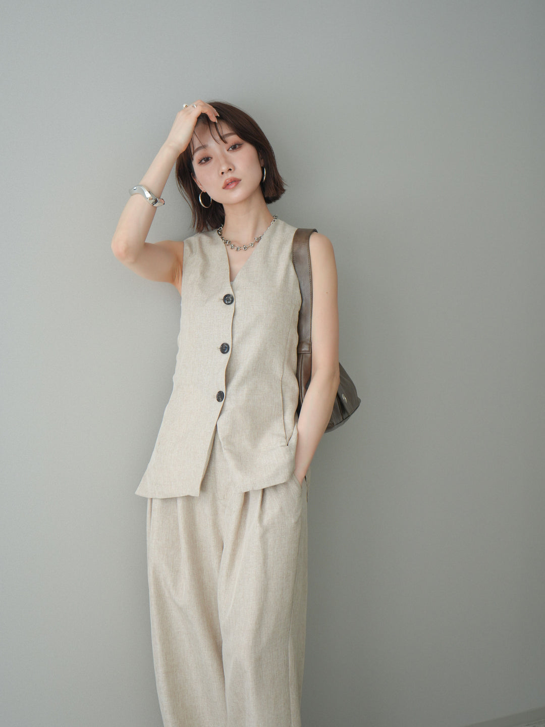 [SET]リネンライクバックオープンジレ+リネンライクタックワイドパンツ(2set)