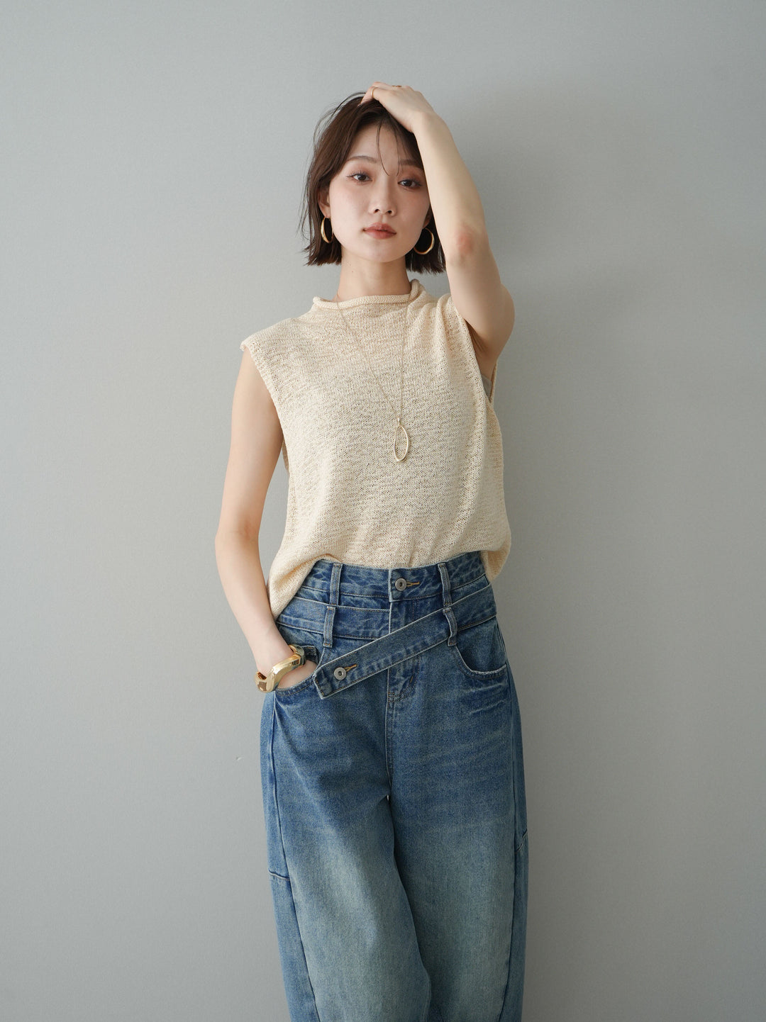 [予約]ノースリーブリネンタッチシアーニットプルオーバー/beige