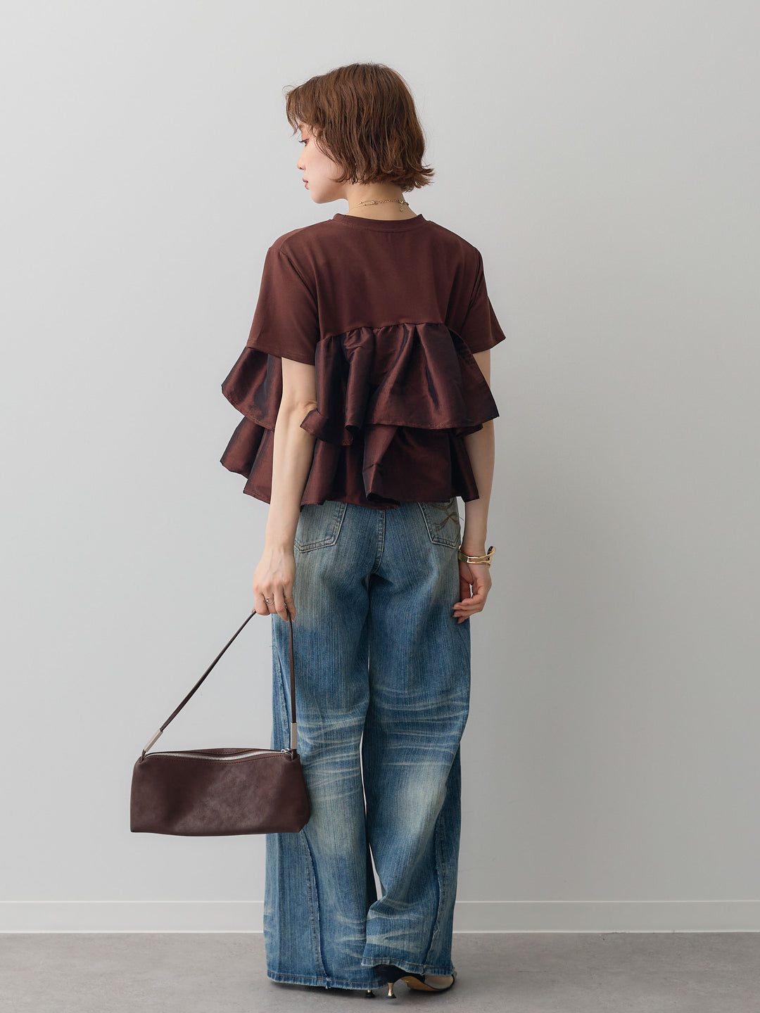 [SET]フリルティアードTEE+縦ウォッシュワイドデニムパンツ(2set)